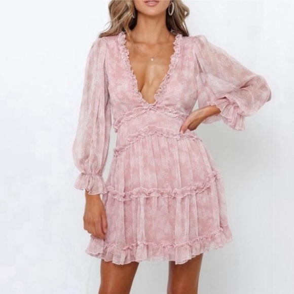Boho V-Neck Long Sleeve Chiffon Open Back Ruffled Mini Dress - Pink XL - Picture 3 of 8